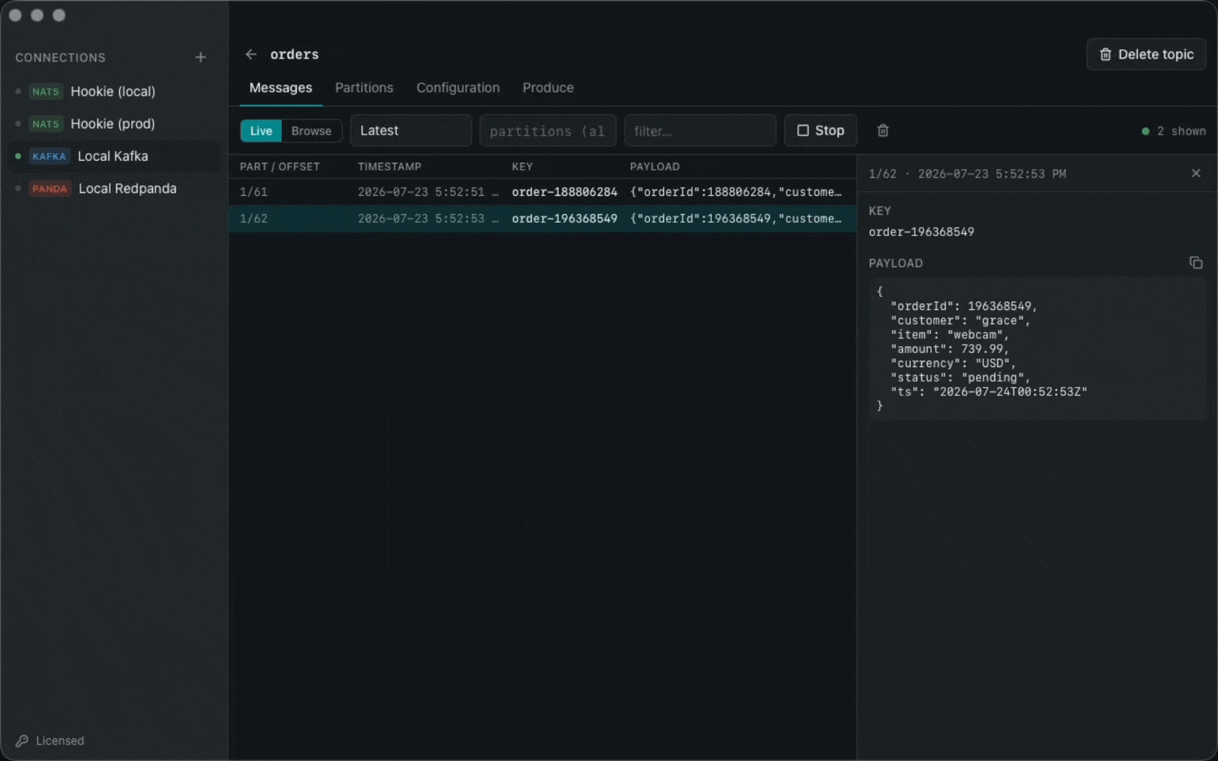 Streambench tailing the orders topic on a local Kafka connection